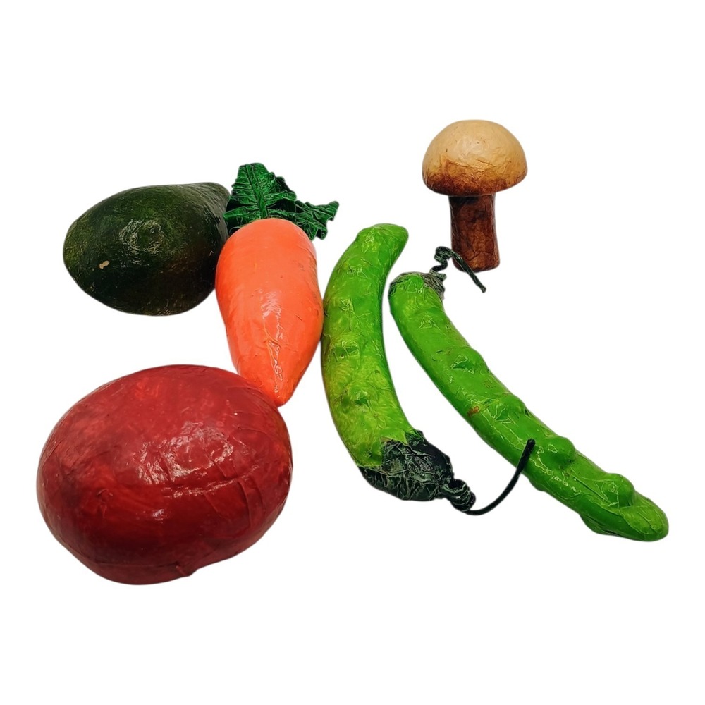 Paper Mache Mushroom Carrot Avocado Peas Tomato Vegetables Vtg Folk Art Decor